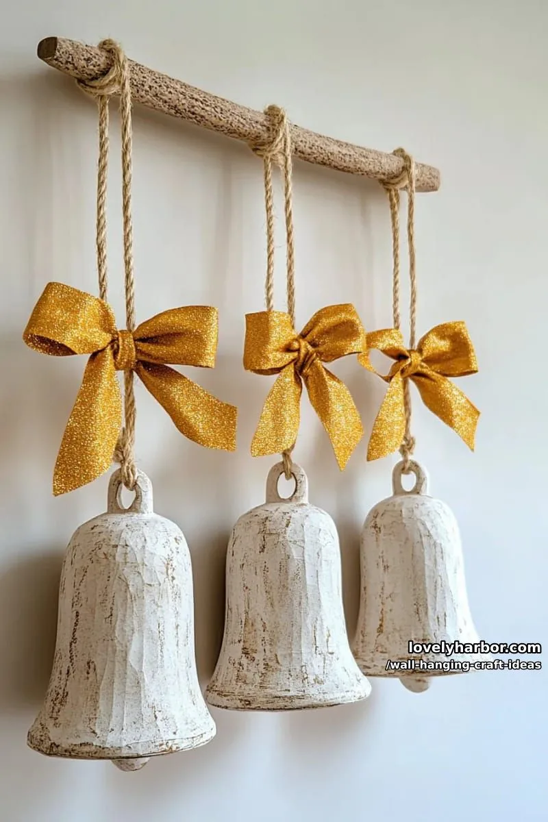 15 Artistic Wall Hanging Crafts to Upgrade Your Home 24 hang a row of paper bells with golden bows for festive holiday décor. 1