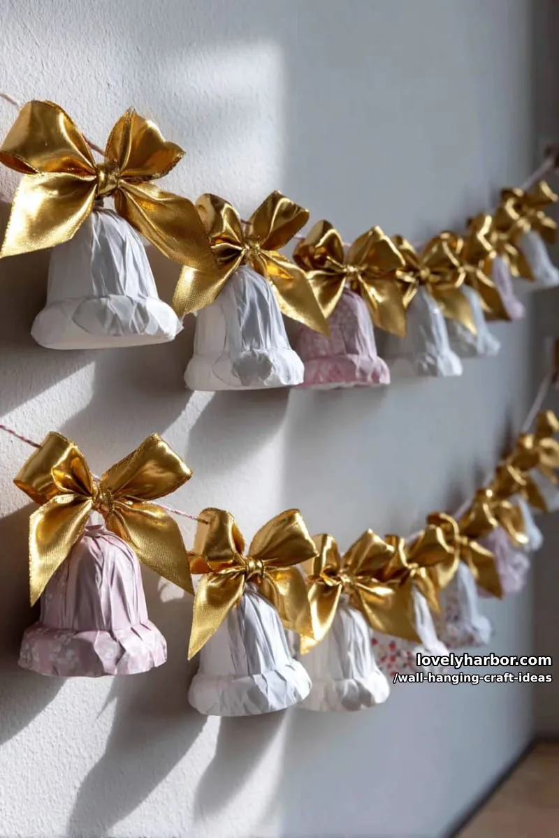 15 Artistic Wall Hanging Crafts to Upgrade Your Home 25 hang a row of paper bells with golden bows for festive holiday décor. 1