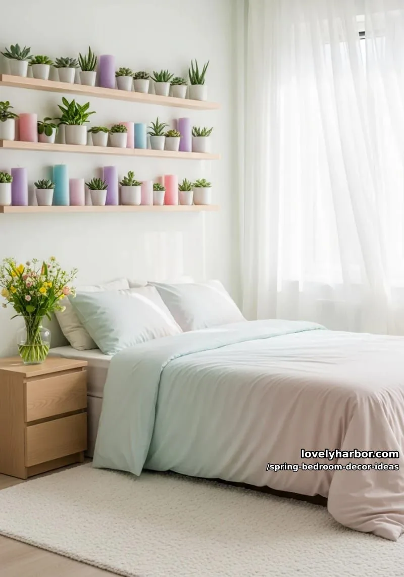 21 Unique Spring Bedroom Decor Ideas For 2026 31 hang floating shelves with tiny potted succulents and pastel candles. 1
