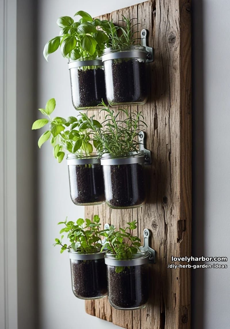 hang mason jars filled with herbs on a rustic wooden board. 1