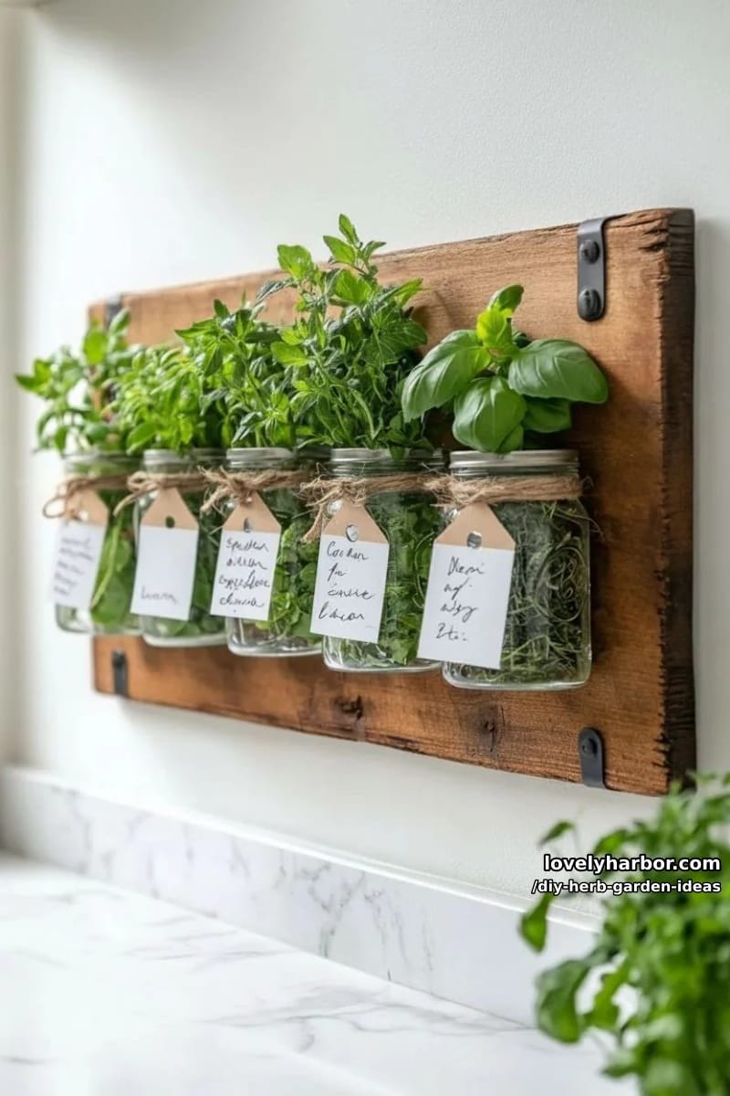hang mason jars filled with herbs on a rustic wooden board. 1