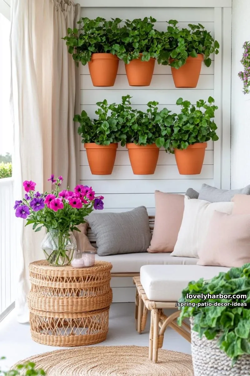 21 Spring Patio Decor Ideas To Welcome The New Season 18 hang potted trailing ivy and petunias from a minimalist wall-mounted trellis 1
