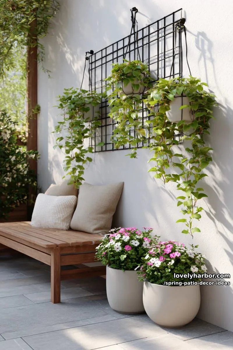 21 Spring Patio Decor Ideas To Welcome The New Season 19 hang potted trailing ivy and petunias from a minimalist wall-mounted trellis 1