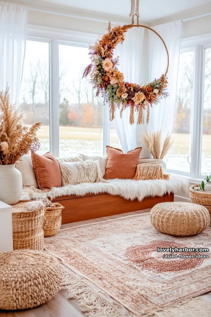 hanging crescent moon wreath with wildflowers and muted earth tones 1