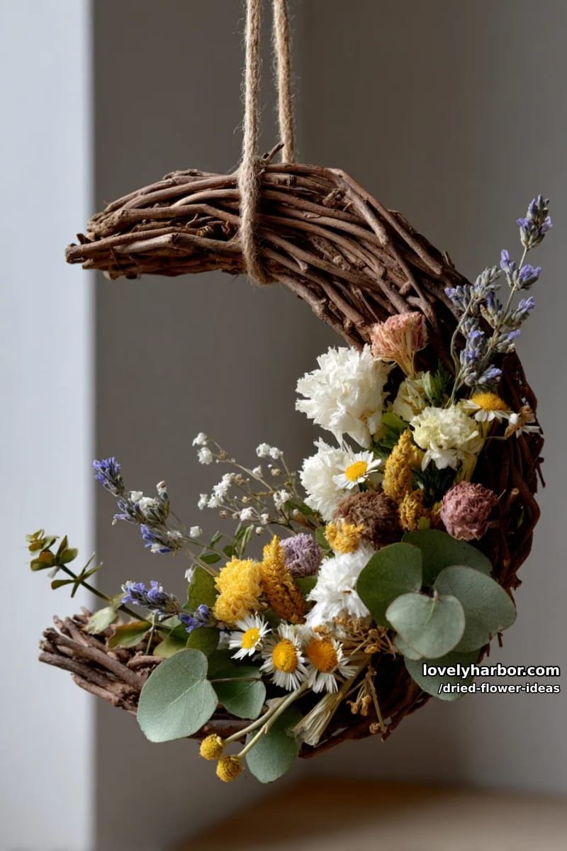 hanging crescent moon wreath with wildflowers and muted earth tones 1
