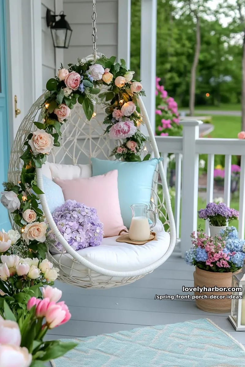 hanging egg chair with pastel throw pillows and floral garland 1
