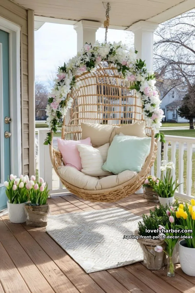 hanging egg chair with pastel throw pillows and floral garland 1