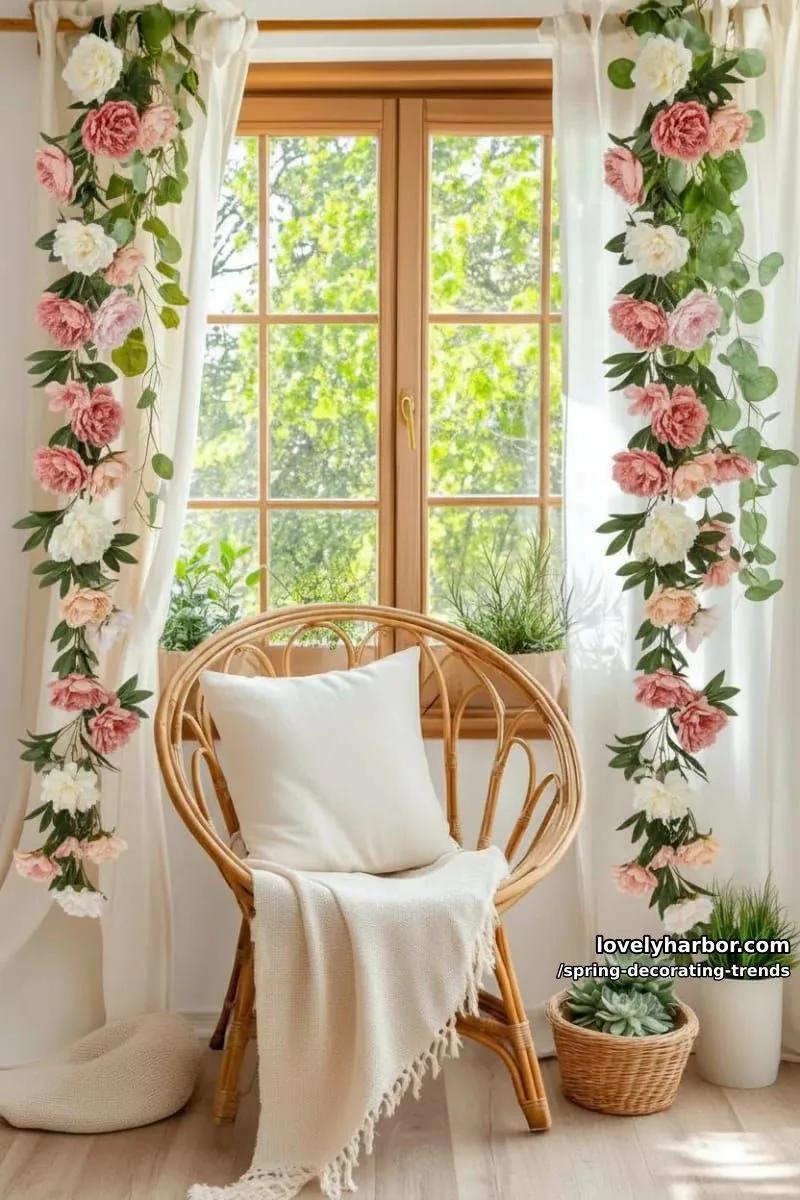 hanging eucalyptus garlands mixed with silk peonies over windows 1