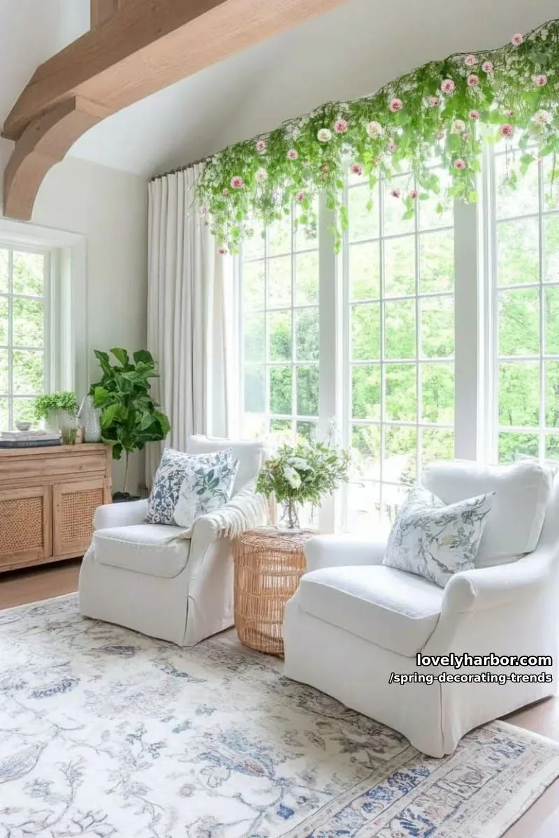 hanging eucalyptus garlands mixed with silk peonies over windows 1