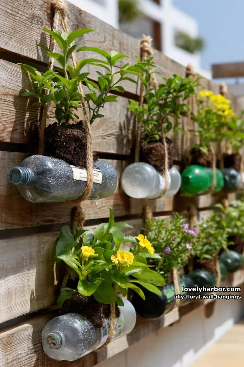 hanging floral pockets using recycled bottles for a vertical garden wall 1