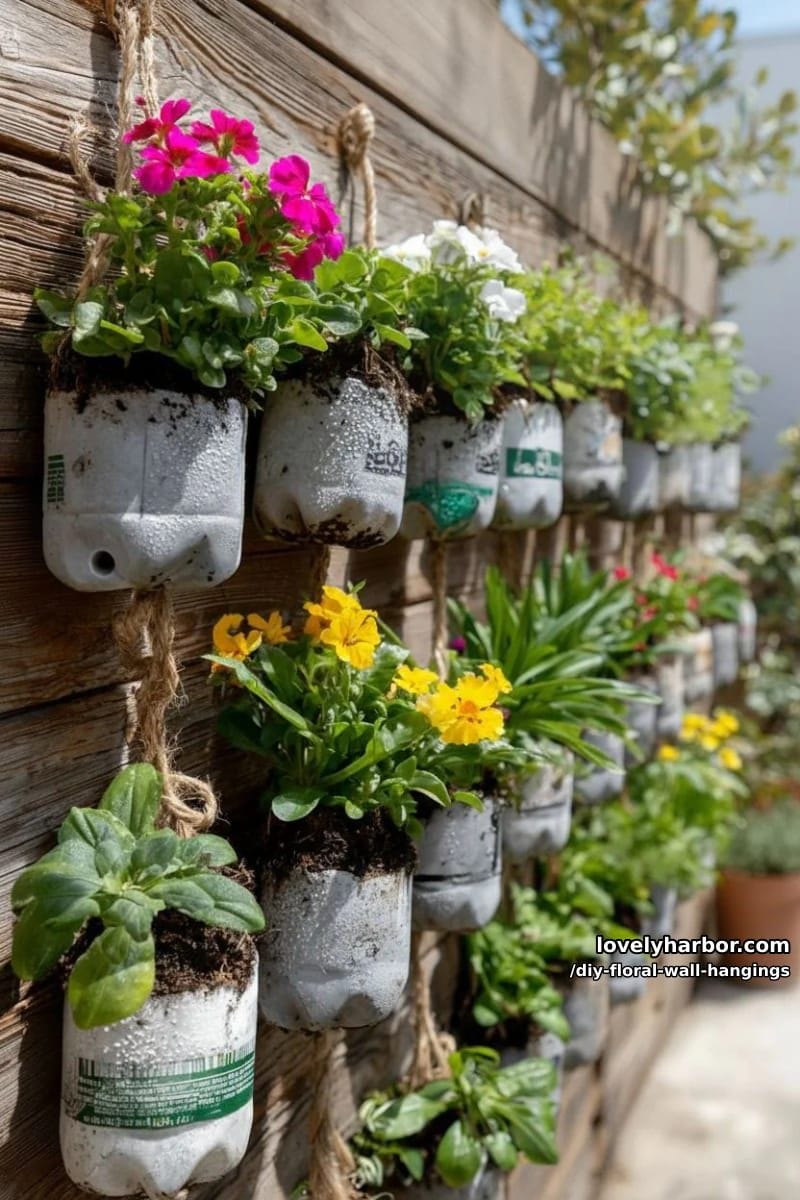 hanging floral pockets using recycled bottles for a vertical garden wall 1