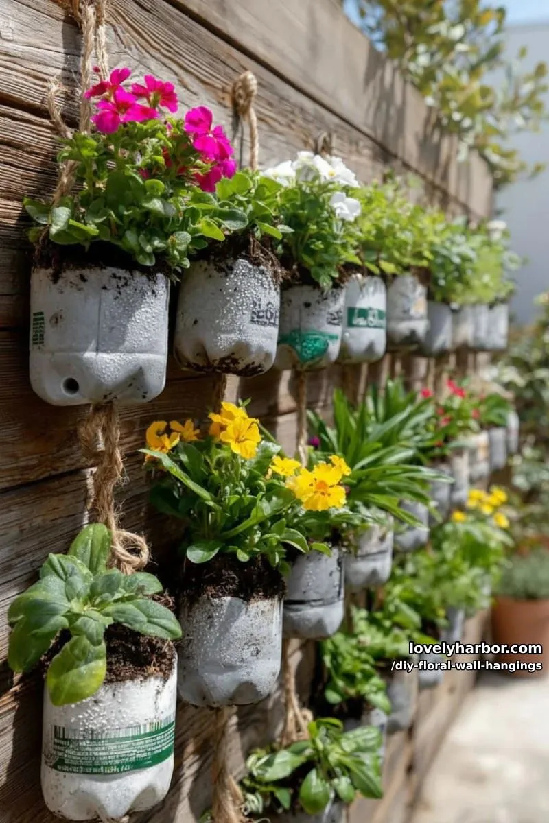 hanging floral pockets using recycled bottles for a vertical garden wall 1