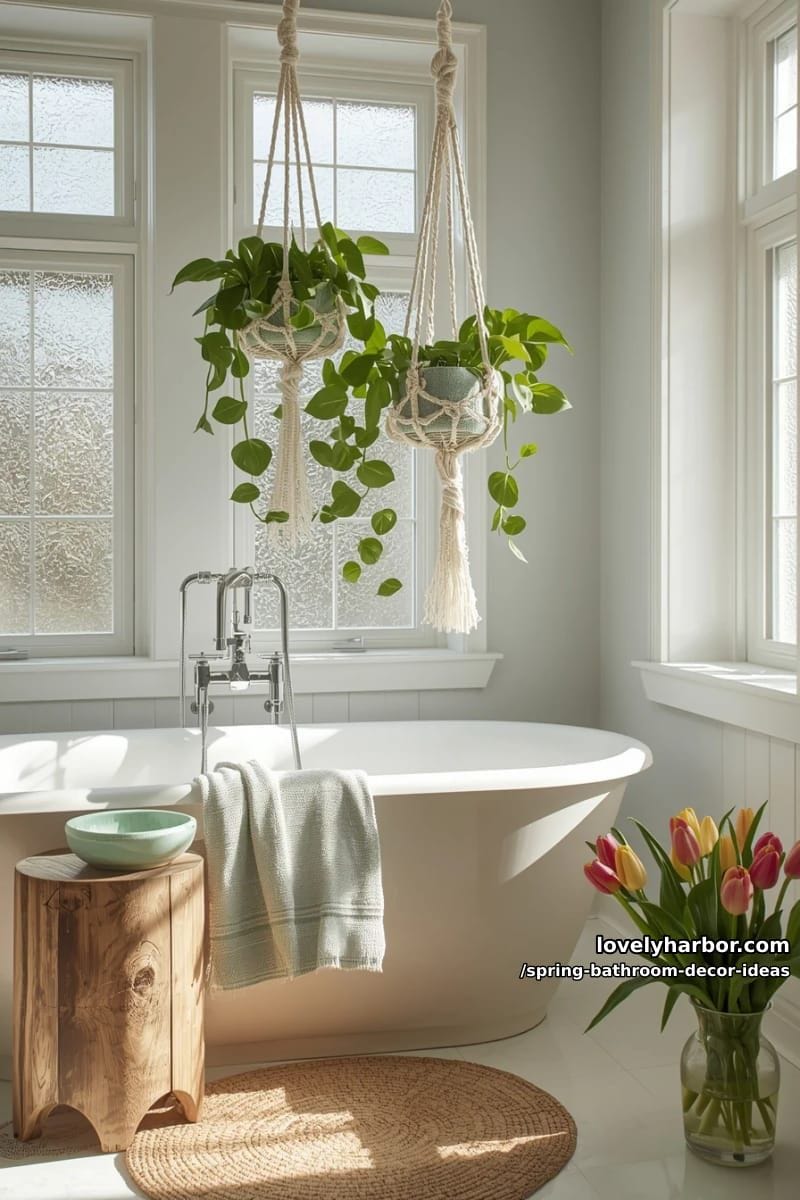 hanging macrame plant holders with trailing pothos above the bath 1