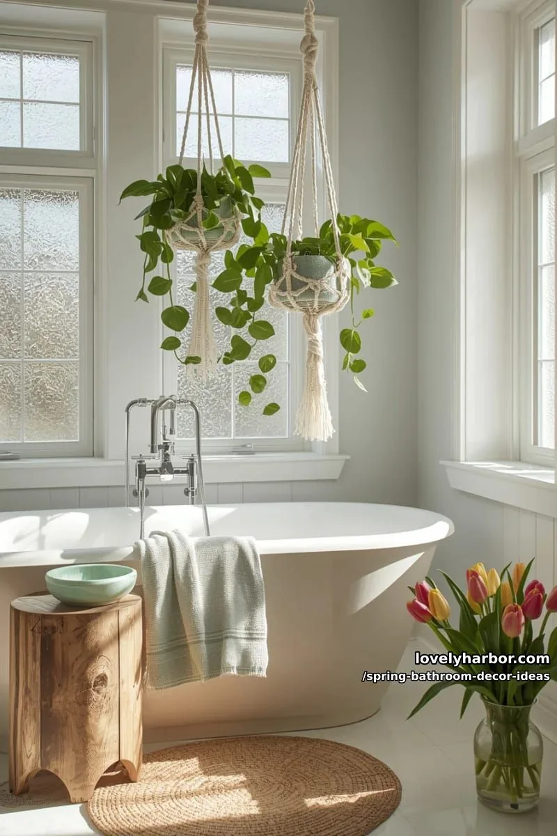 hanging macrame plant holders with trailing pothos above the bath 1