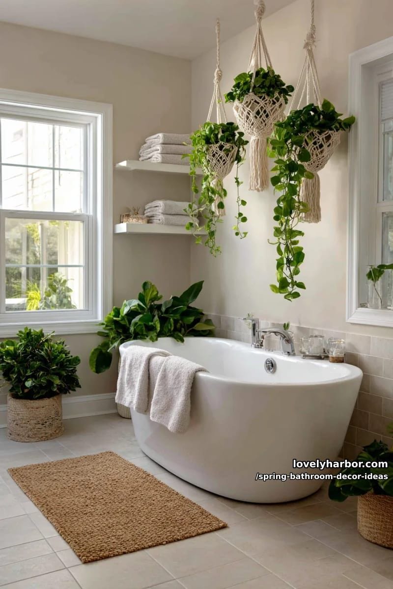 hanging macrame plant holders with trailing pothos above the bath 1