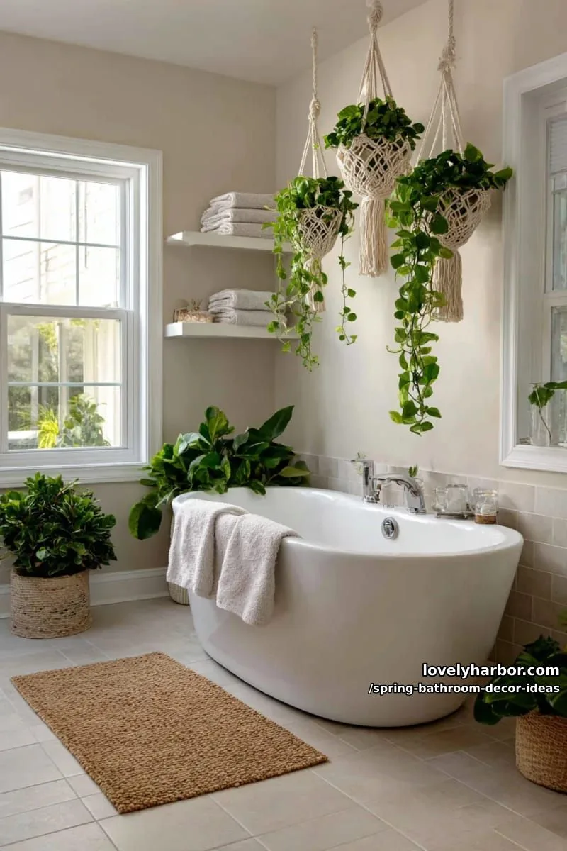 hanging macrame plant holders with trailing pothos above the bath 1