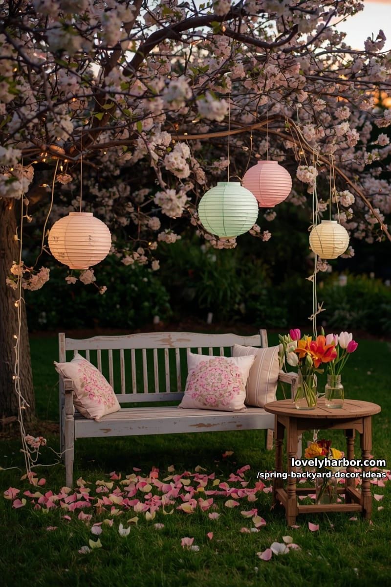 hanging pastel paper lanterns among blooming tree branches for whimsical evening ambiance 1