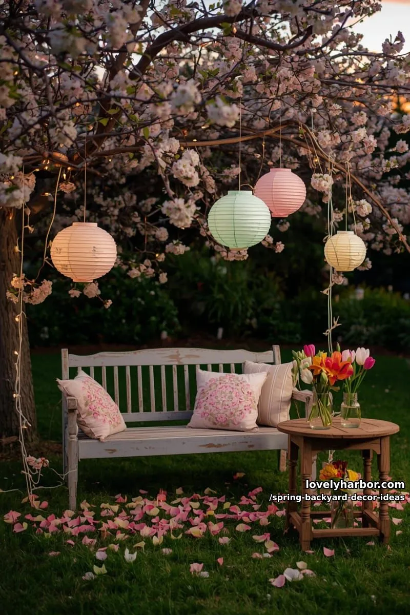 15 Spring Backyard Decor Ideas for Effortless Charm 2 hanging pastel paper lanterns among blooming tree branches for whimsical evening ambiance 1