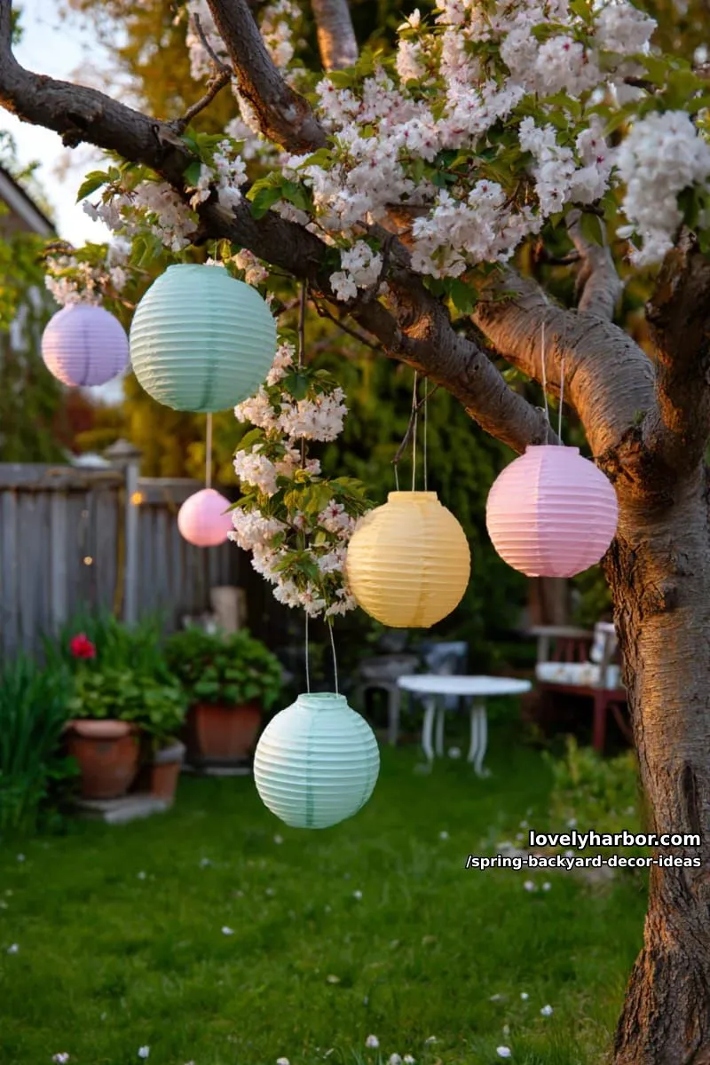 15 Spring Backyard Decor Ideas for Effortless Charm 3 hanging pastel paper lanterns among blooming tree branches for whimsical evening ambiance 1