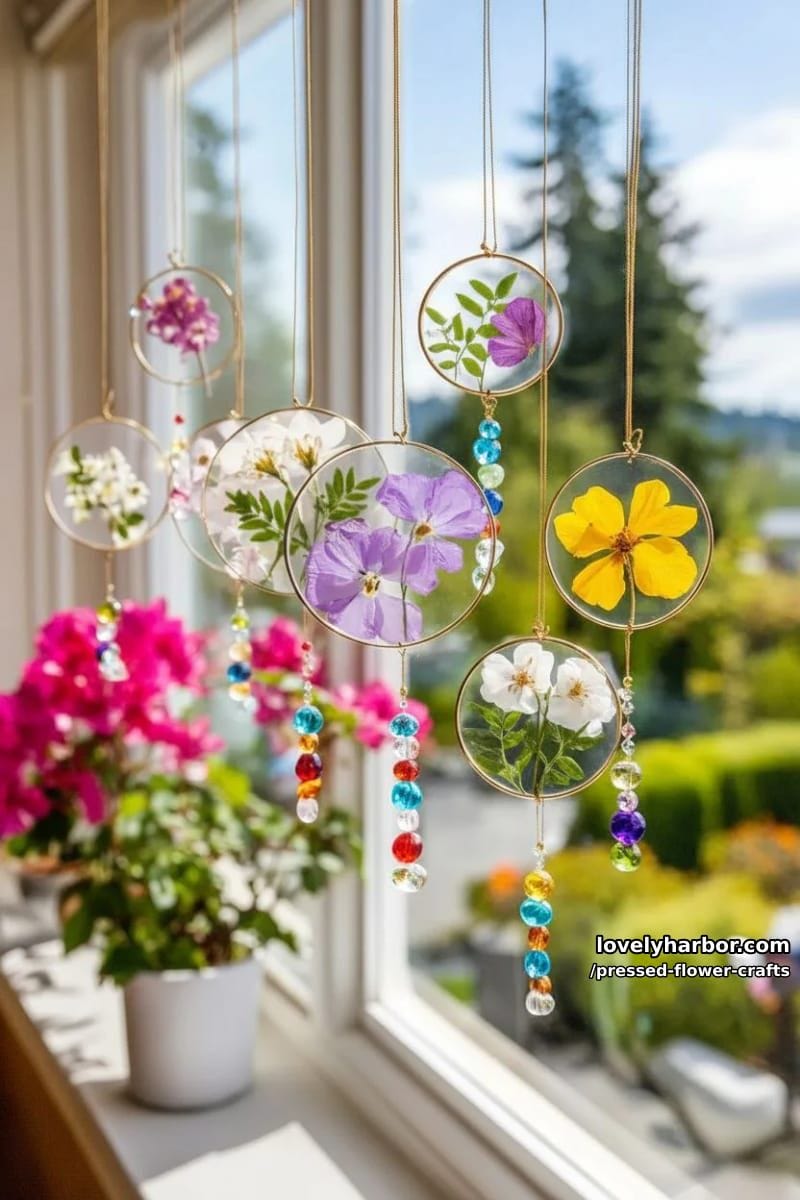hanging pressed flower suncatchers for windows with rainbow beads and petals 1