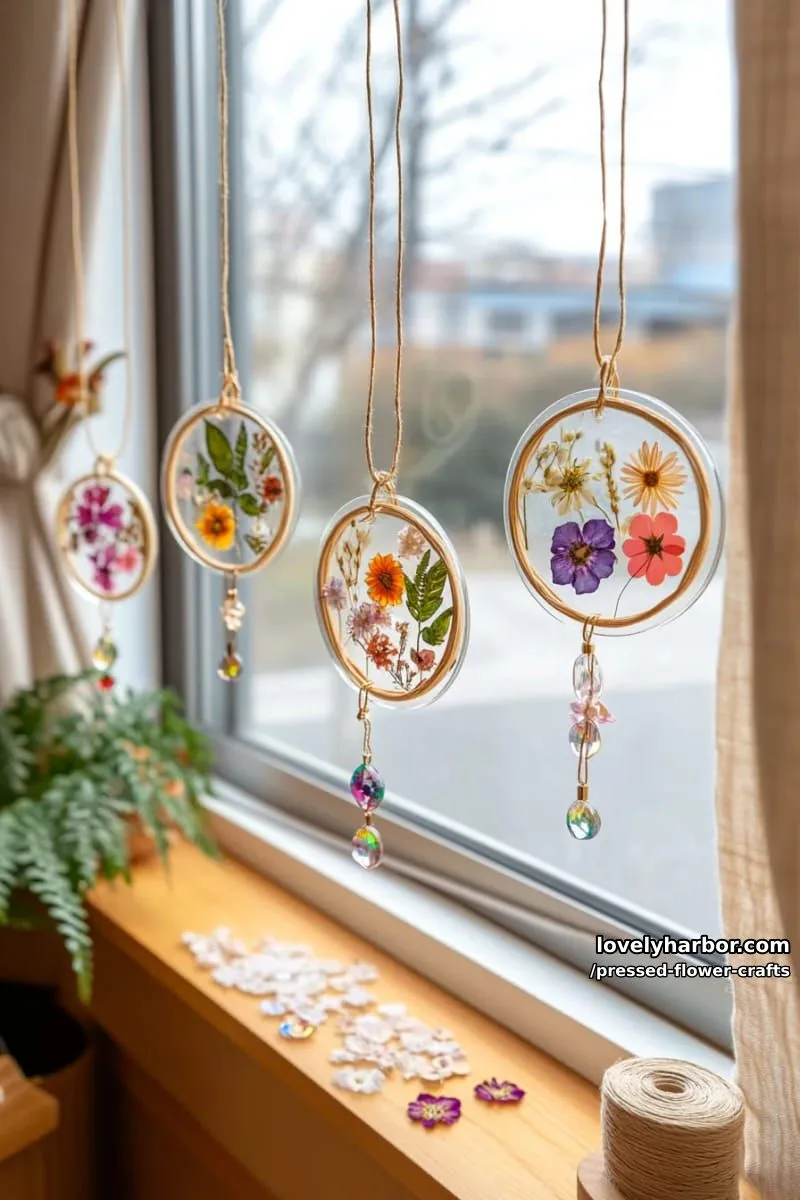 hanging pressed flower suncatchers for windows with rainbow beads and petals 1