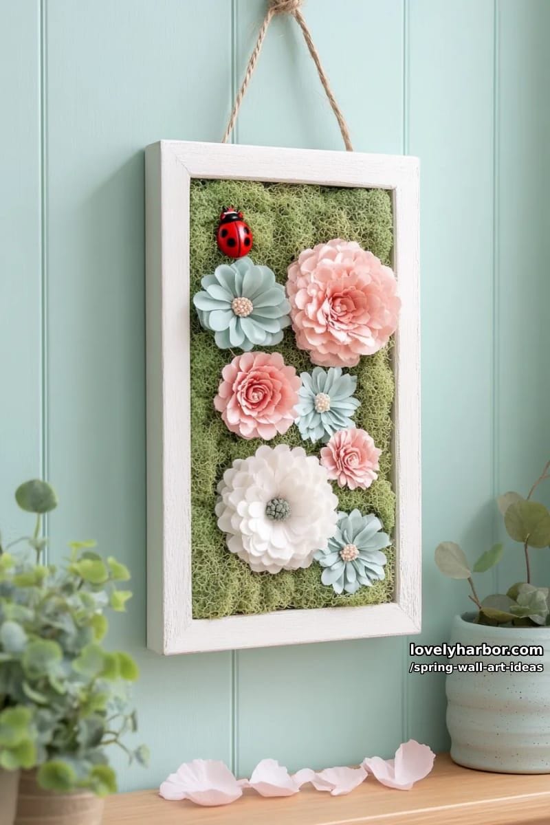 hanging shadow box filled with faux moss, mini blossoms, and perched ladybug 1
