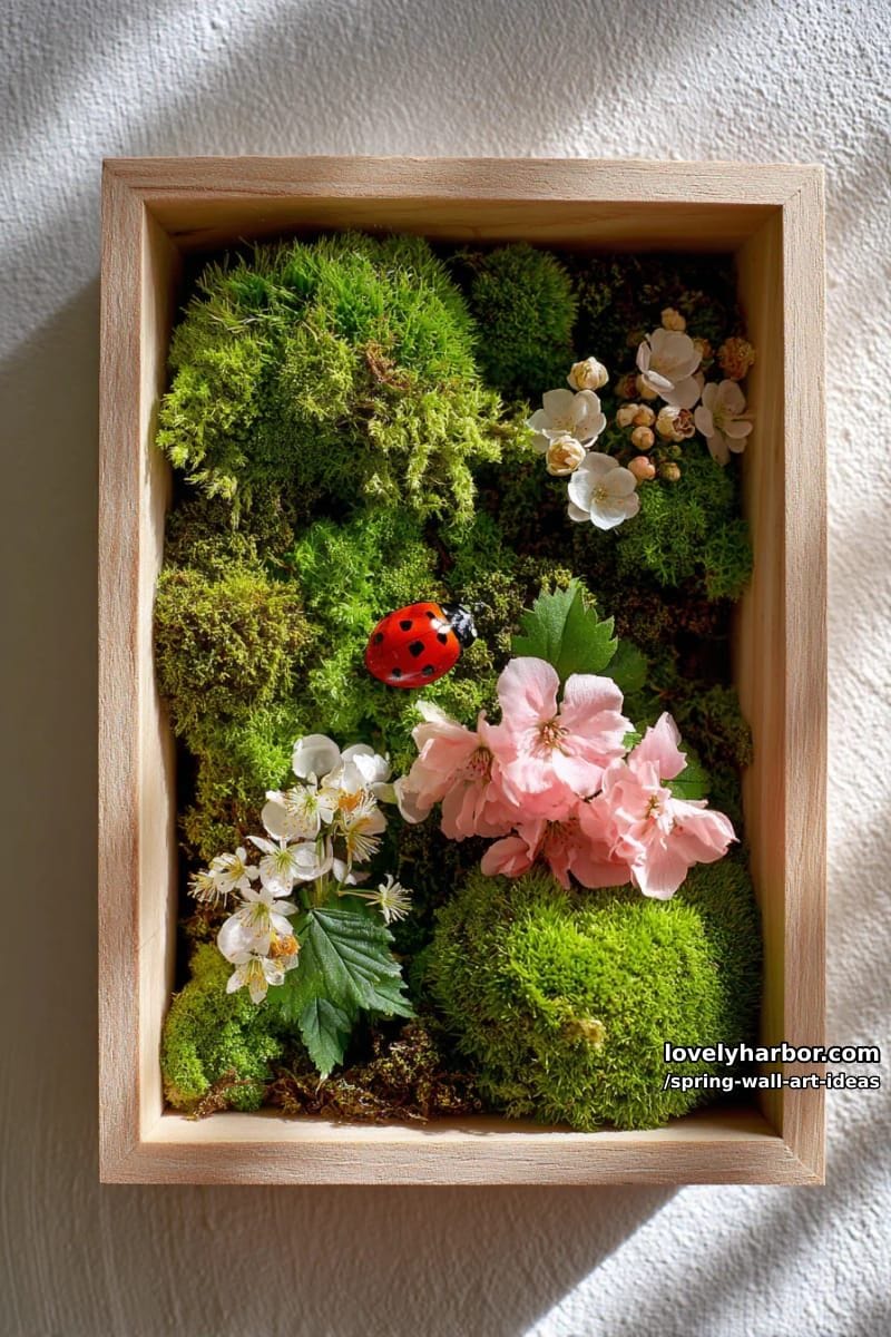 hanging shadow box filled with faux moss, mini blossoms, and perched ladybug 1