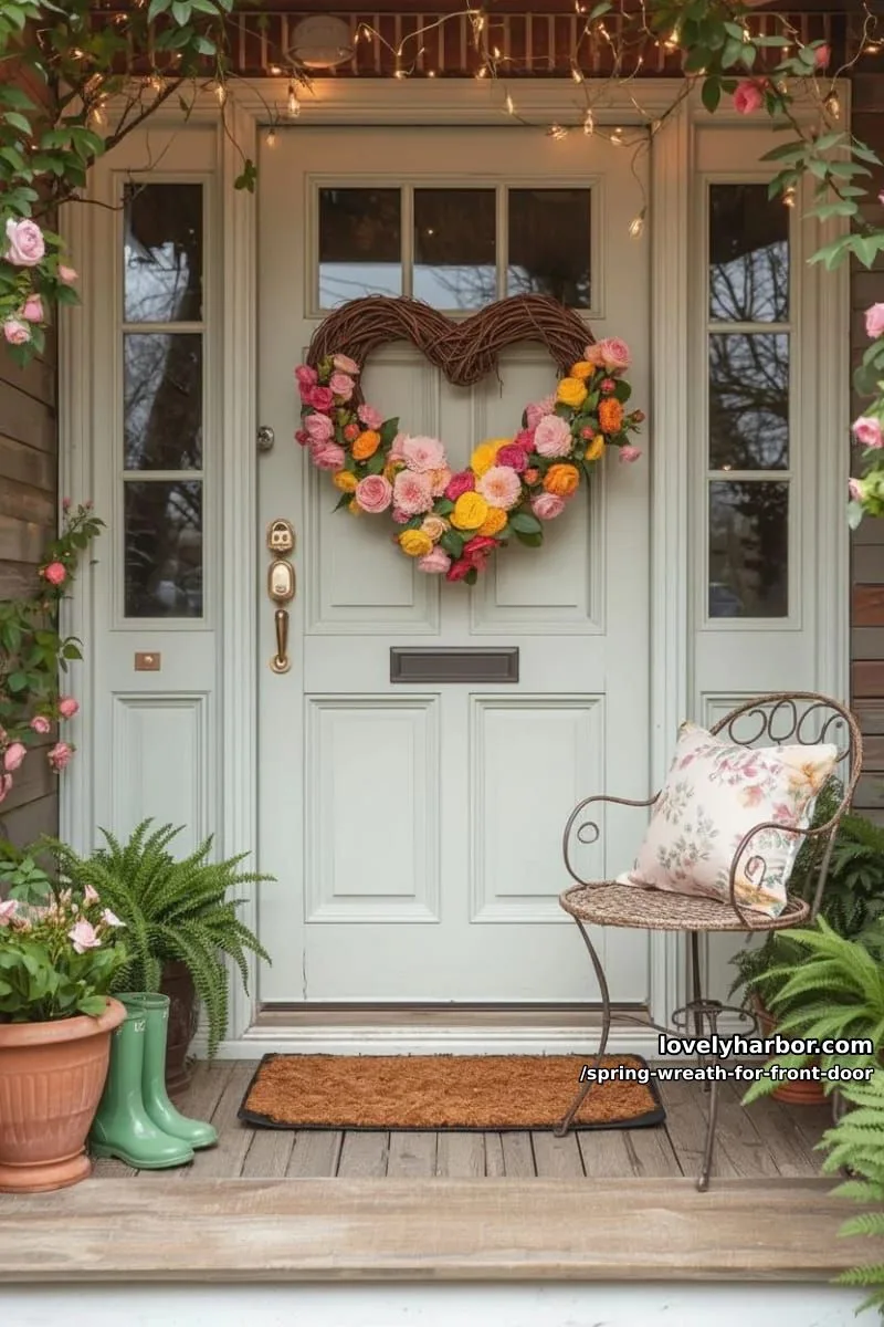 15 Unique Front Door Spring Wreaths for a Charming Entryway 33 heart-shaped grapevine base covered in multicolored ranunculus blooms 1