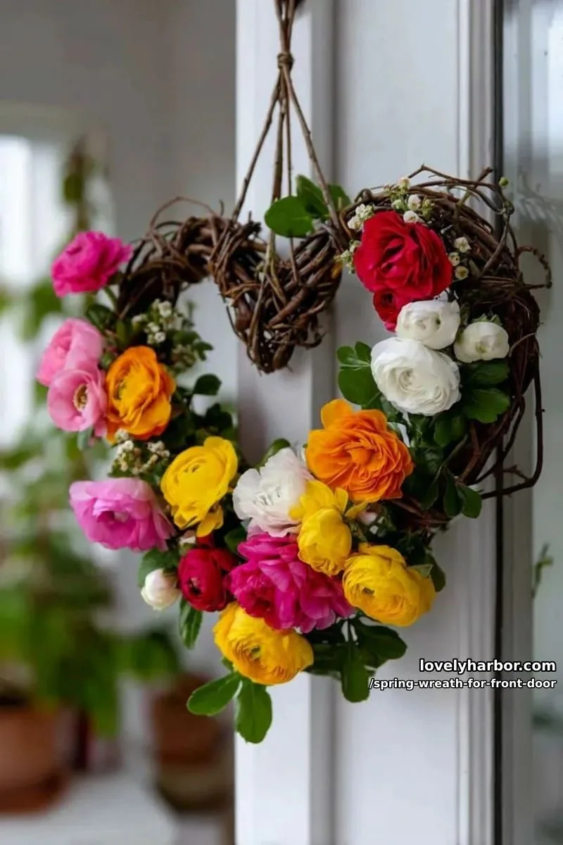 15 Unique Front Door Spring Wreaths for a Charming Entryway 34 heart-shaped grapevine base covered in multicolored ranunculus blooms 1