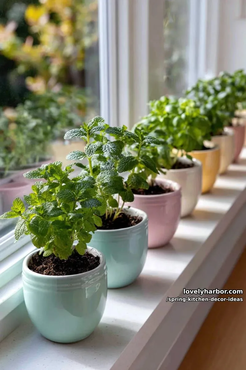herb garden in pastel pots lined along a sunny window sill 1