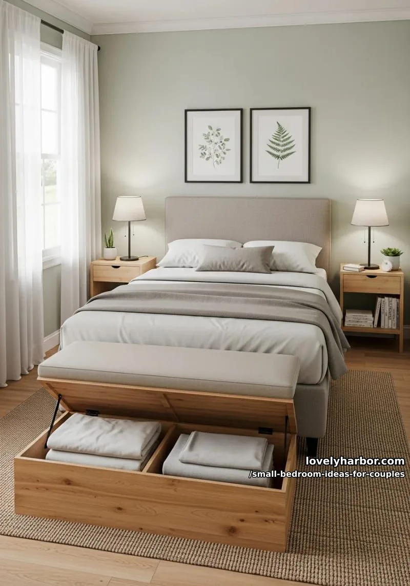 hidden storage benches at the foot of the bed for shared linens 1