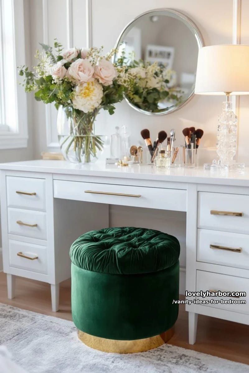 high-glam vanity with velvet pouf, metallic finishes, and floral arrangements 1