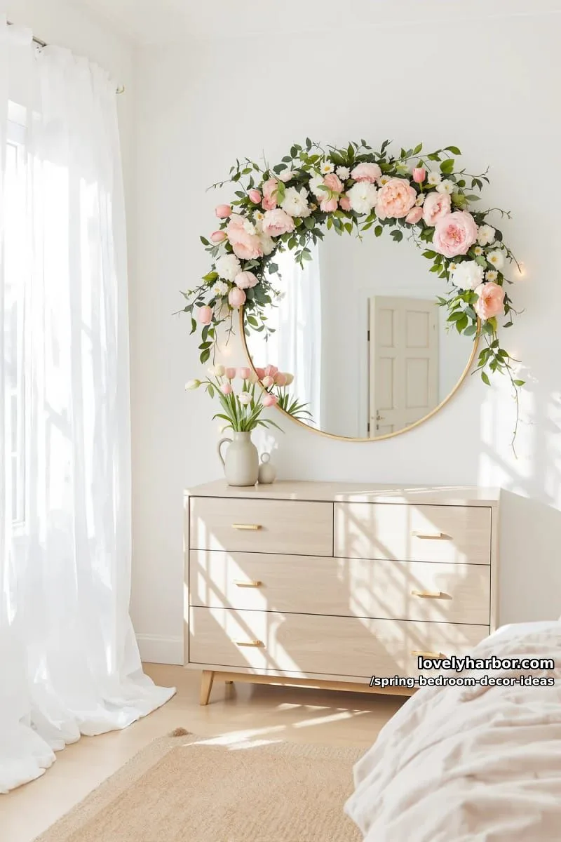 21 Unique Spring Bedroom Decor Ideas For 2026 25 incorporate a whimsical floral garland around a circular mirror for spring charm. 1