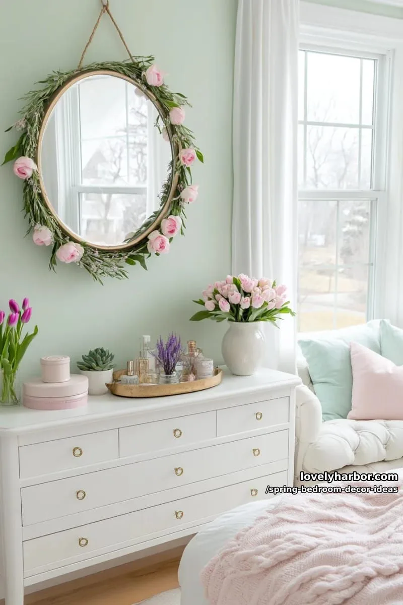 21 Unique Spring Bedroom Decor Ideas For 2026 26 incorporate a whimsical floral garland around a circular mirror for spring charm. 1