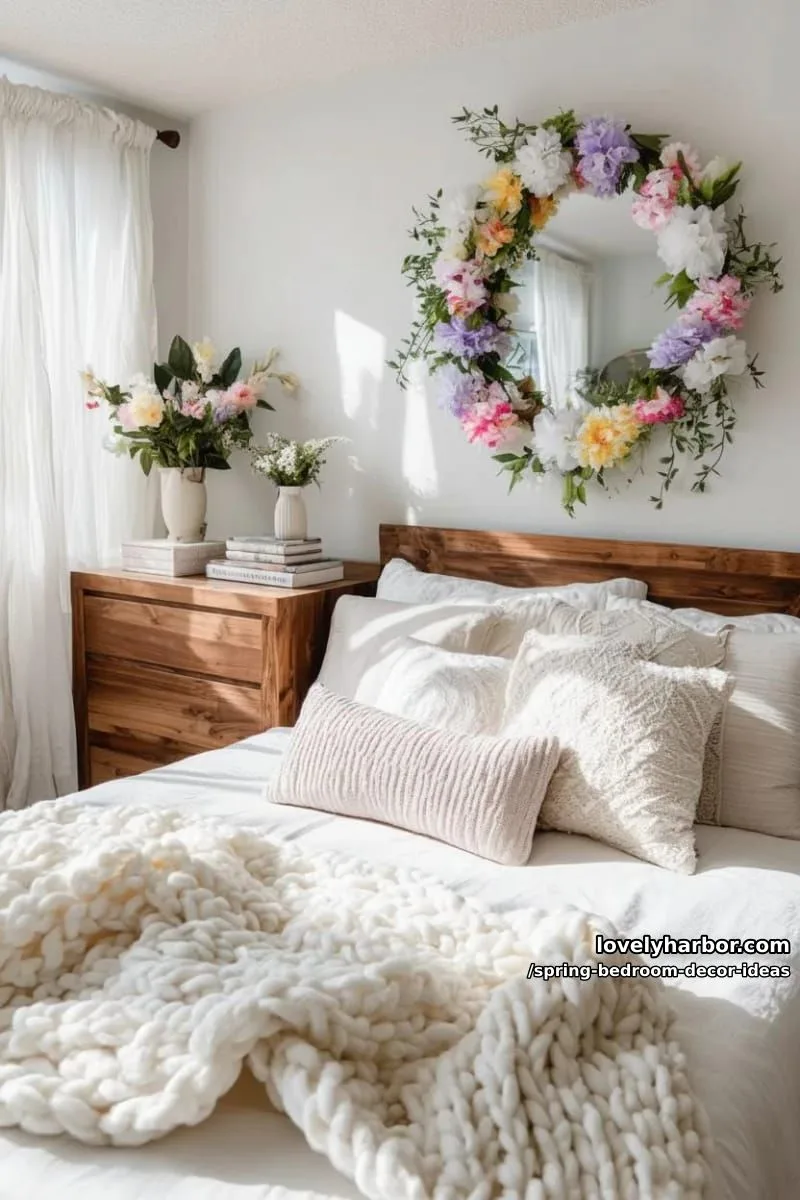 21 Unique Spring Bedroom Decor Ideas For 2026 27 incorporate a whimsical floral garland around a circular mirror for spring charm. 1