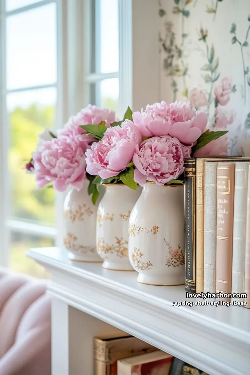 incorporate gold-accented vases with pink peonies and a stack of poetry books. 1