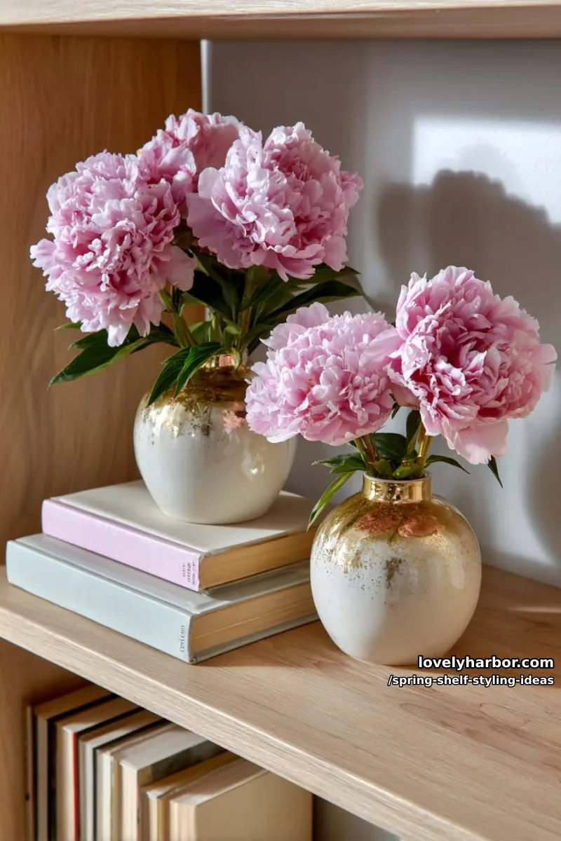 incorporate gold-accented vases with pink peonies and a stack of poetry books. 1