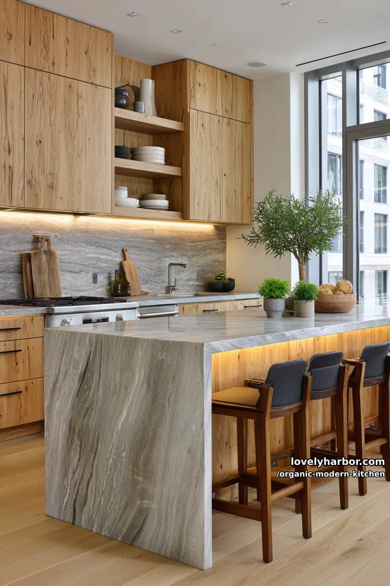 install under-cabinet ambient lighting to highlight stone and wood textures. 1