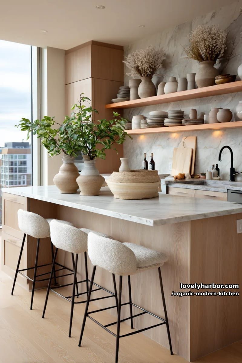 integrate open shelving with curated artisanal ceramics and dried botanical arrangements. 1