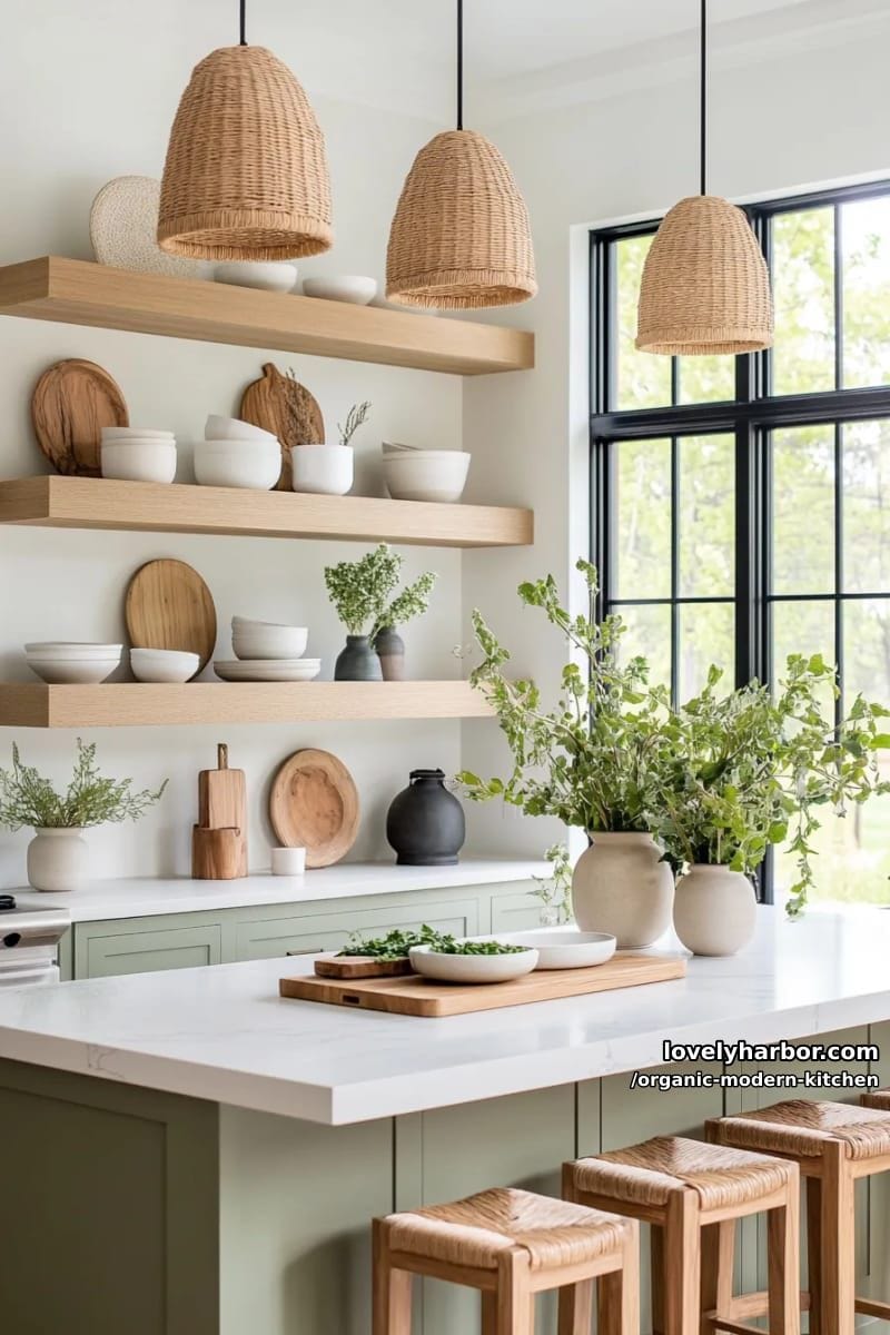 integrate open shelving with curated artisanal ceramics and dried botanical arrangements. 1