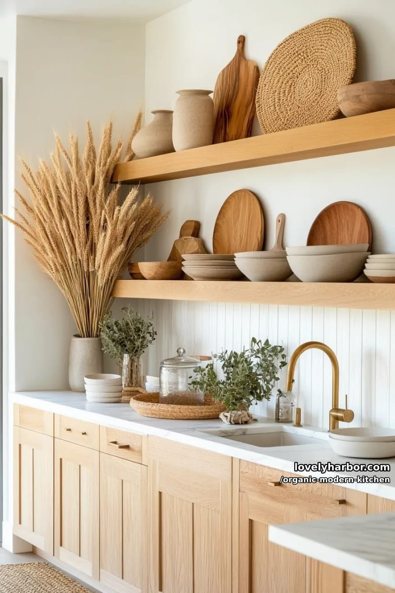 integrate open shelving with curated artisanal ceramics and dried botanical arrangements. 1