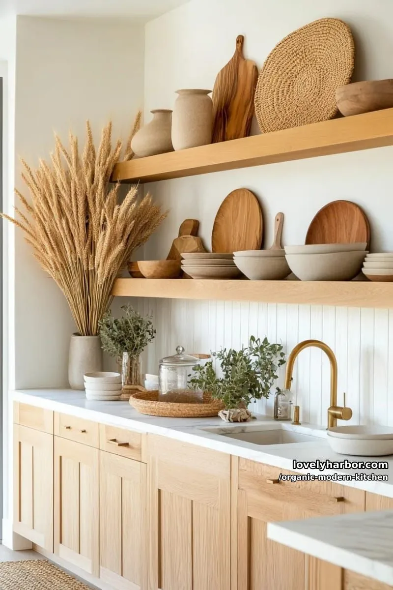 integrate open shelving with curated artisanal ceramics and dried botanical arrangements. 1