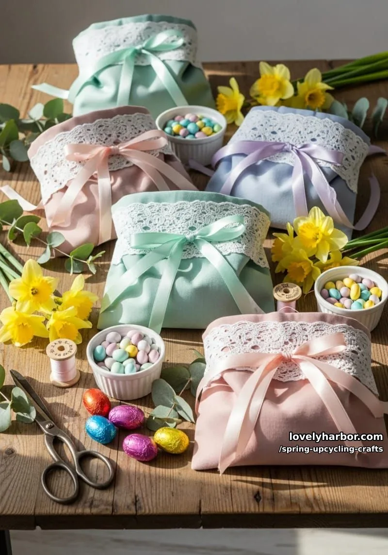 lace-trimmed upcycled fabric gift bags for spring treats 1