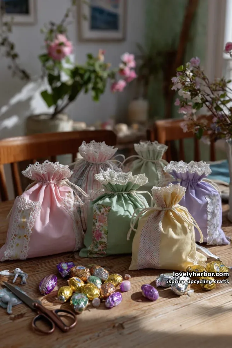 lace-trimmed upcycled fabric gift bags for spring treats 1