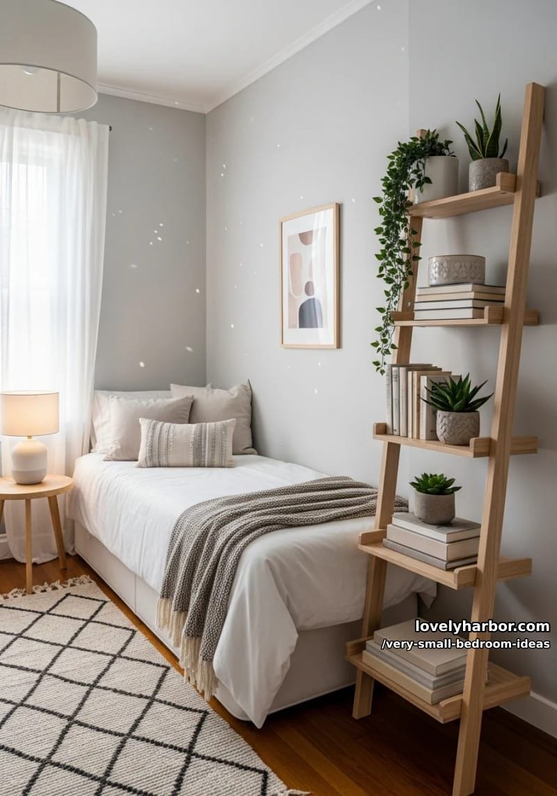 ladder shelving next to the bed for books and plants 1