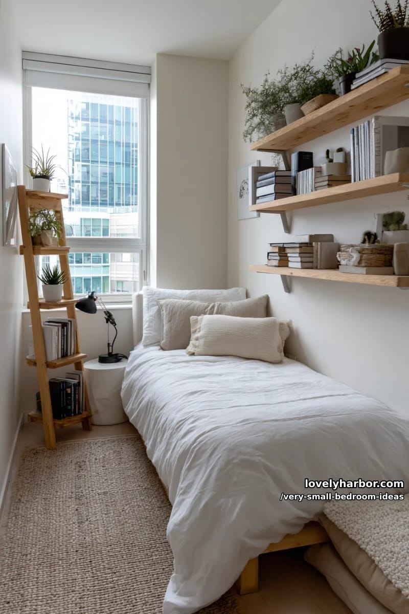 ladder shelving next to the bed for books and plants 1