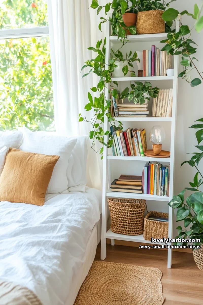 ladder shelving next to the bed for books and plants 1