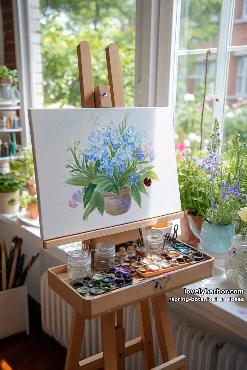 ladybug nestled on a dew-covered blue flower petal painting 1