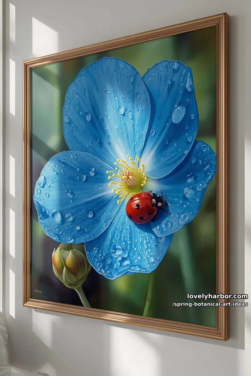 ladybug nestled on a dew-covered blue flower petal painting 1