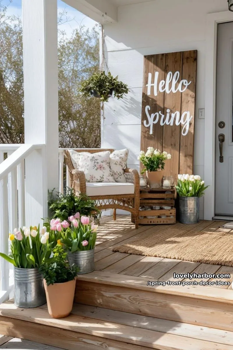 large farmhouse style “hello spring” wooden sign by the door 1